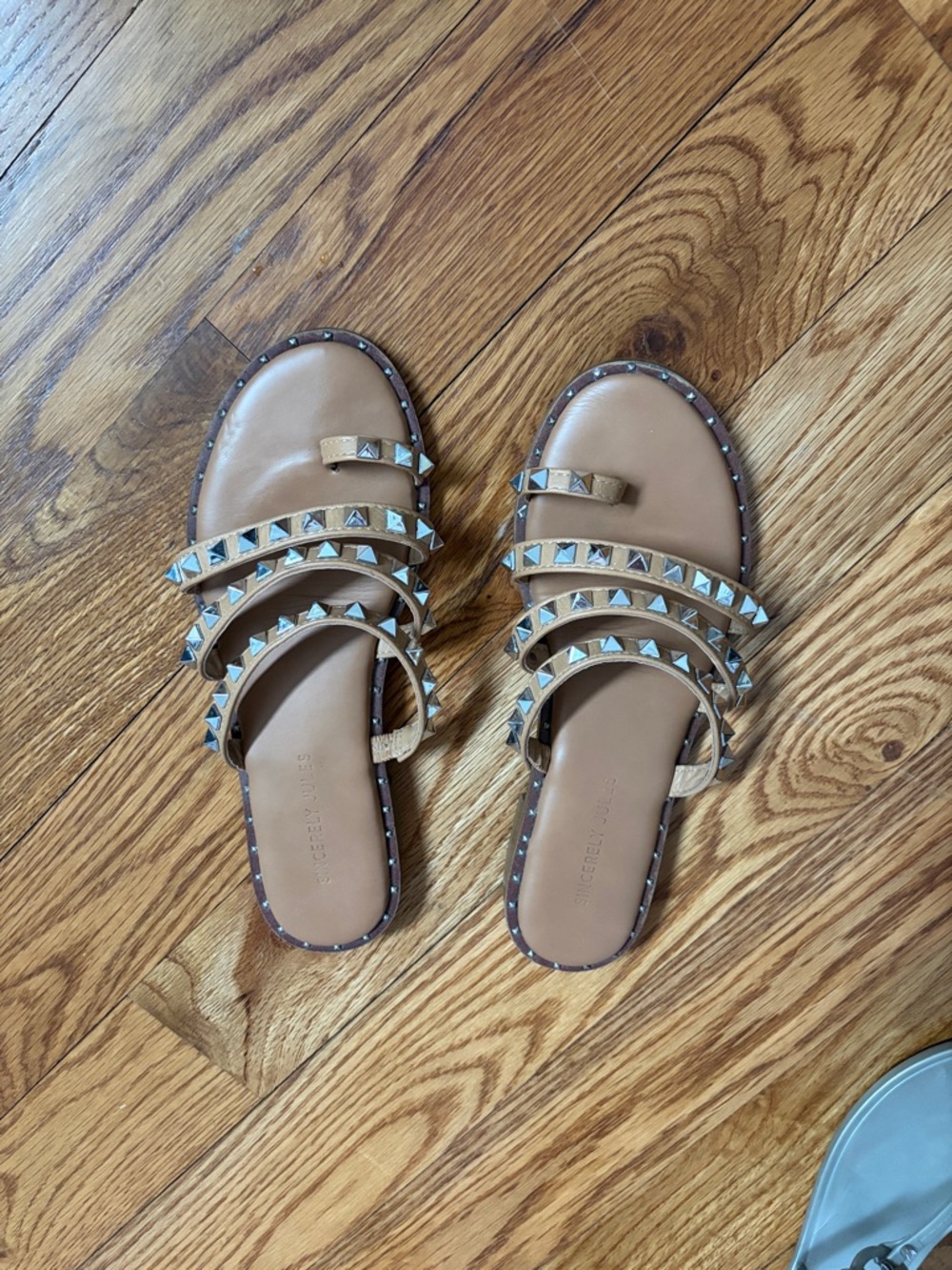 Studded Tan Leather Slide Sandals - Women